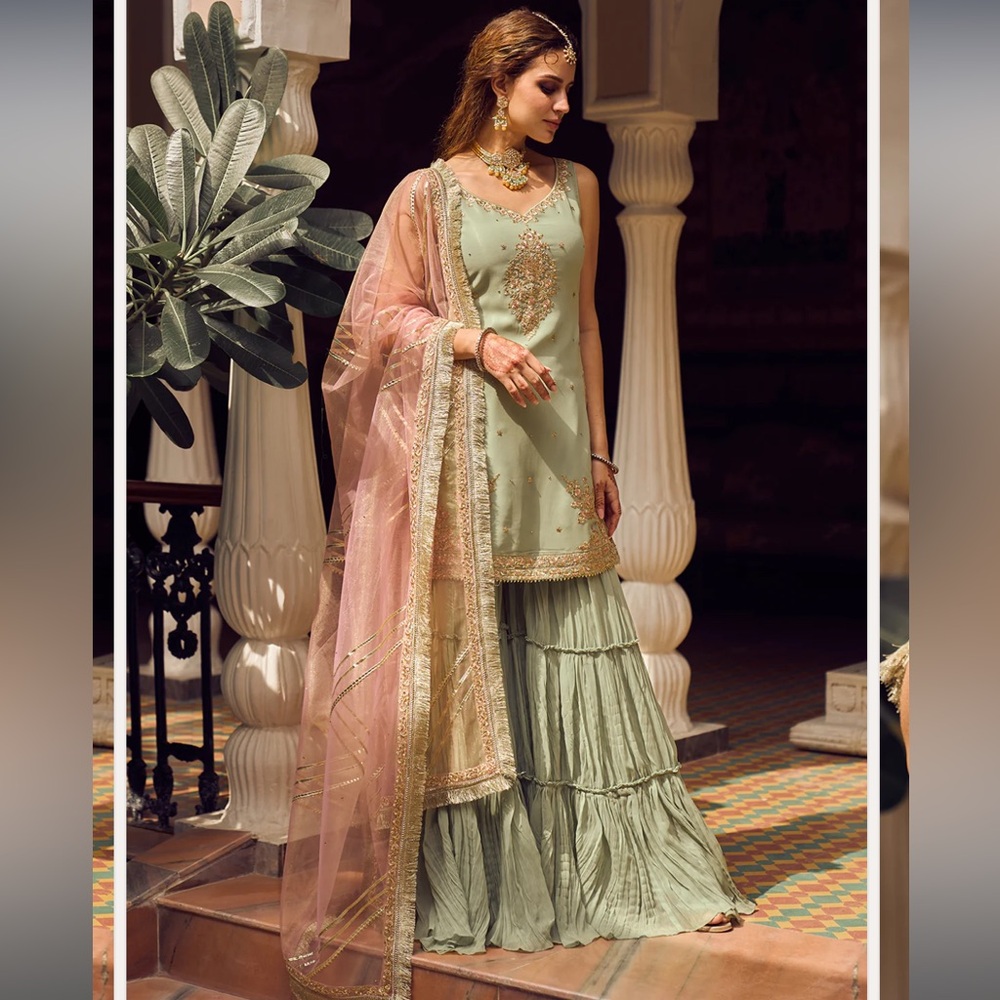 Lashkaraa Light Green Embroidered Sharara Suit